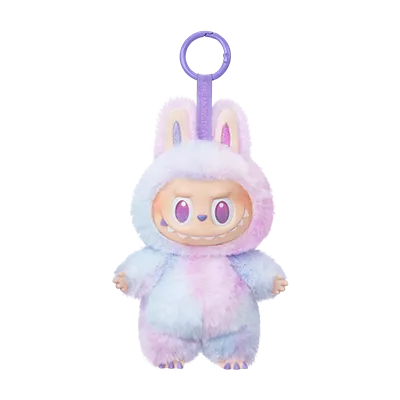 Pastel-colored plush toy with bunny ears on a white background