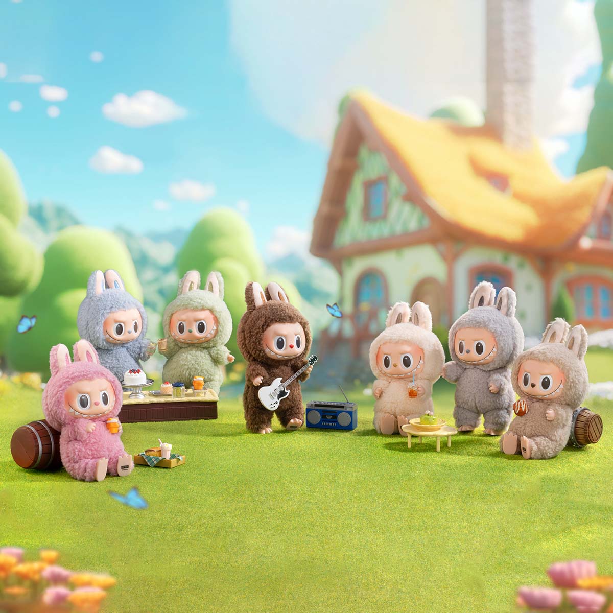 Toy figures of animals playing instruments in a colorful outdoor setting with a house in the 
background.
labubu exciting maracons series all labubu rare labubu all in one frame whole set of labubu
