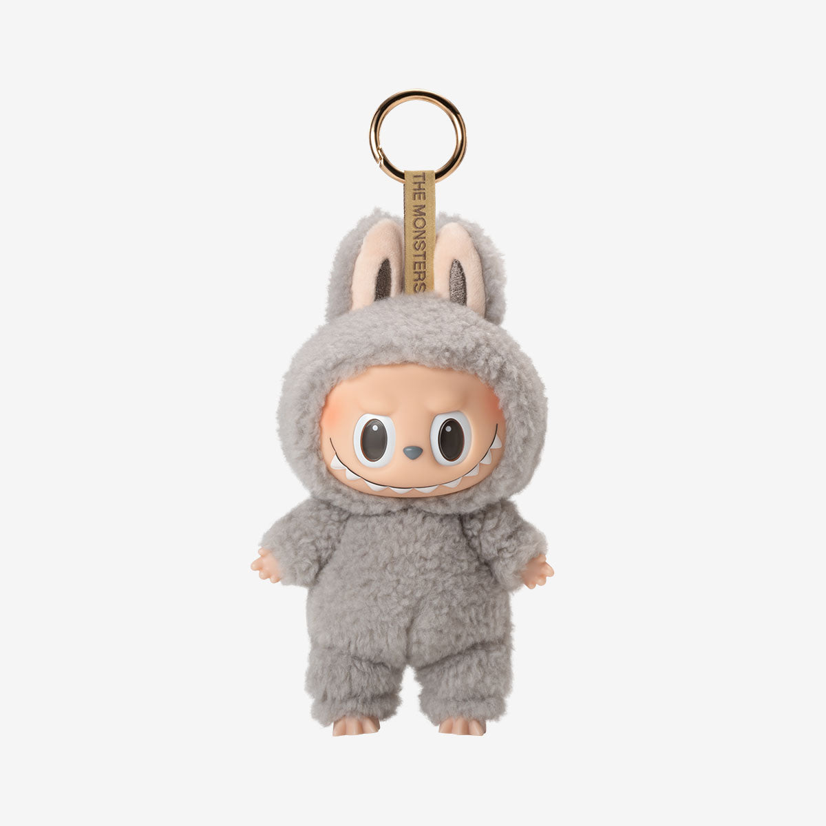 Plush keychain in a gray bunny costume on a white background labubu sesame bean labubu exicting macarons labubu cute plush toy keychain