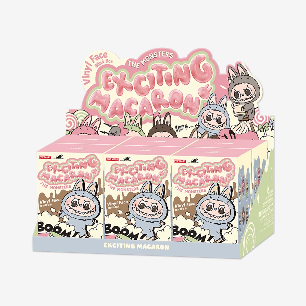 Box of 'Exciting Macaron' vinyl toys with cartoon characters on a white 
labubu background labubu exciting macaron series labubu verision 1 labubu doll labubu og series labubu toy labubu soft toy labubu plush oy keychain