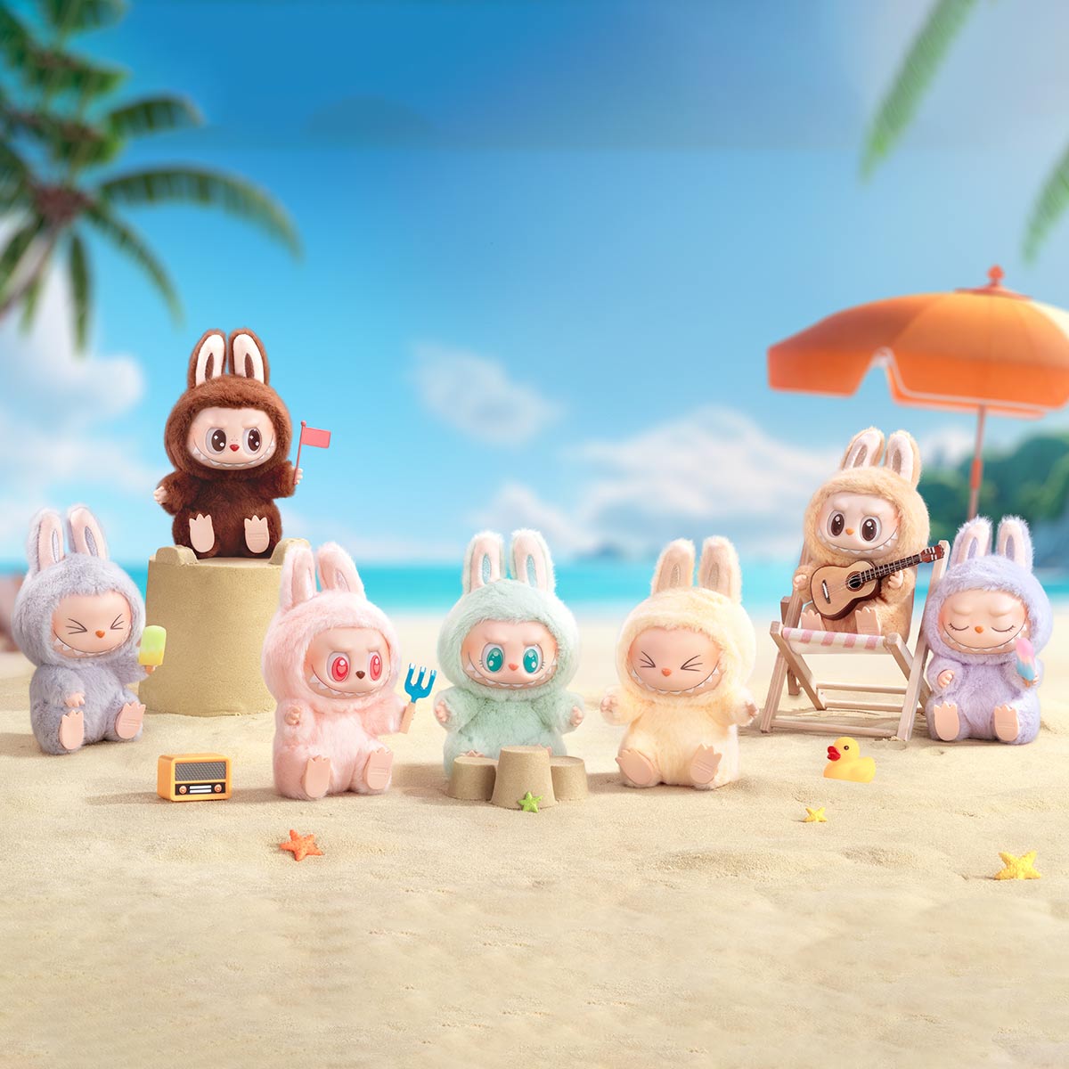 Toy figures of bunnies in various poses on a beach with a clear blue sky.
labubu have a seat series whole set very cute labubu eyes close labubu viral labubu have a seat series 
