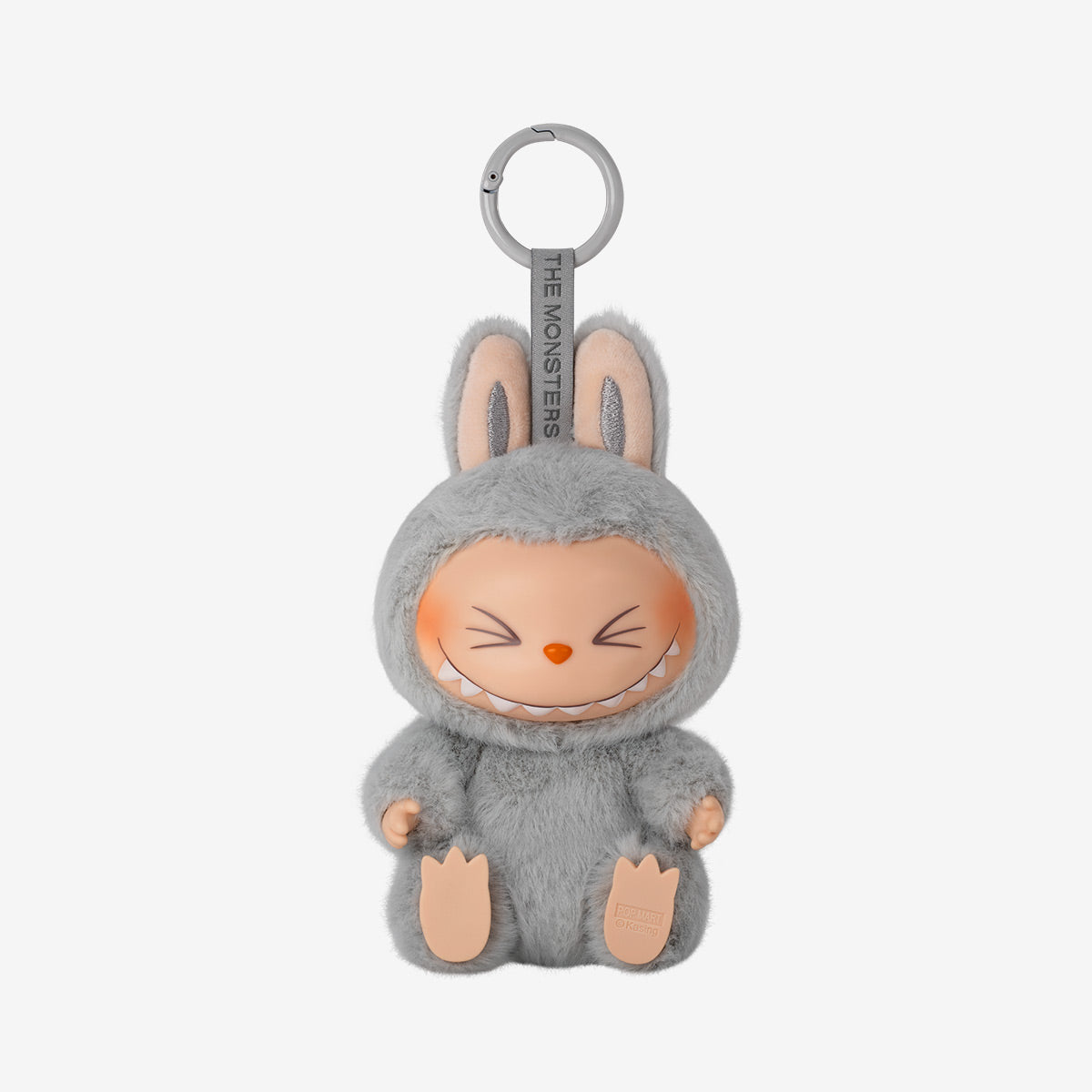 Plush keychain in a gray bunny costume on a white background