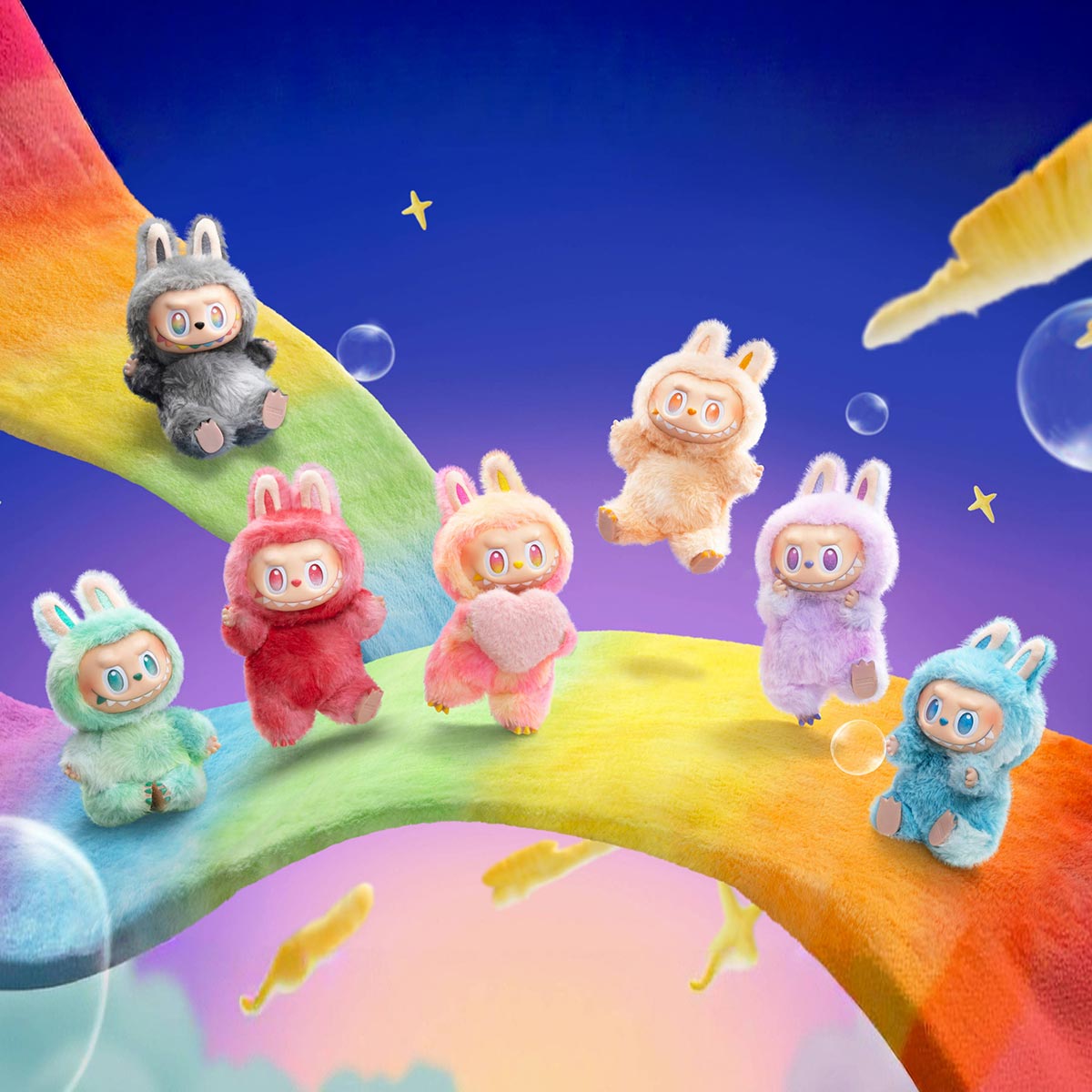 Colorful plush toys in bunny costumes on a rainbow with a starry sky labubu background labubu big into energy series labubu black doll ultra rare doll 