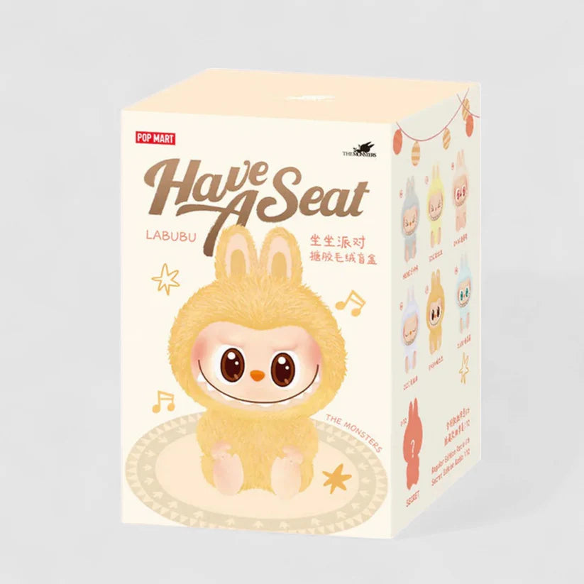 Product packaging with a cute character and 'Have A Seat' text on a light gray background 
labubu have a seat series labubu cute sitting best labubu series labubu everyon's fav abubu cute sof toy labubu plush toy labubu keychain 

